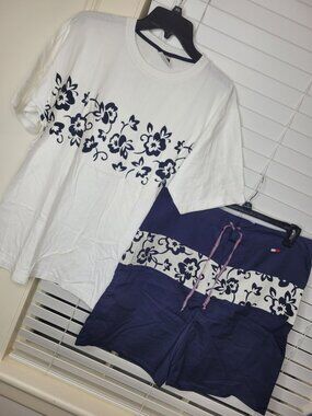 VTG Y2K 90s Mens Tommy Hilfiger White T-Shirt & Navy Swim Shorts Set L Retro